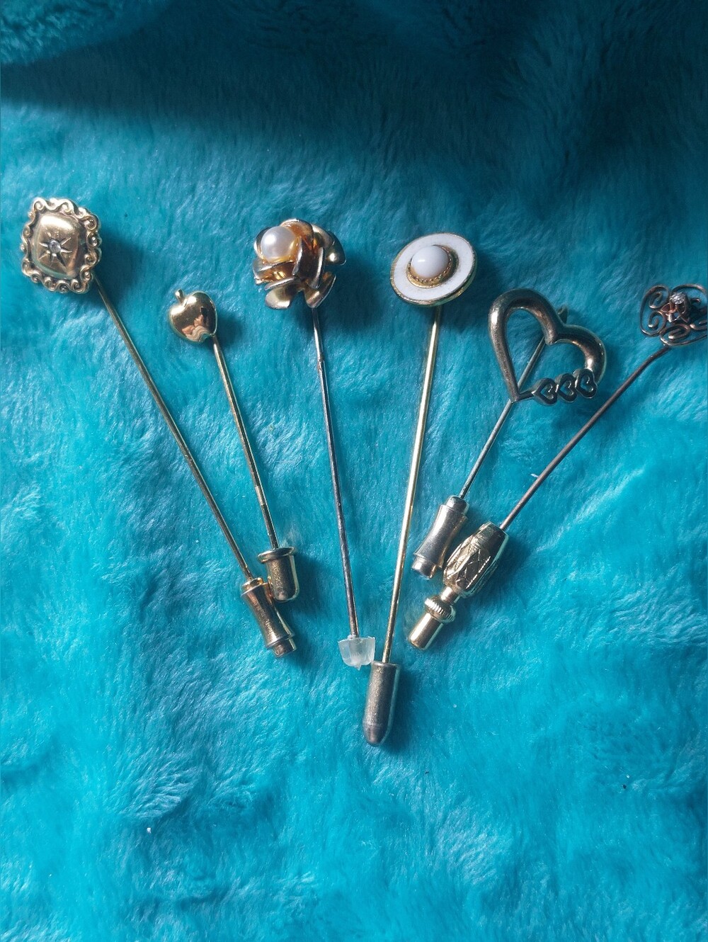 Vintage Estate Stick Pins, Goldtone, Lot of Six Pieces, Hat Pins
